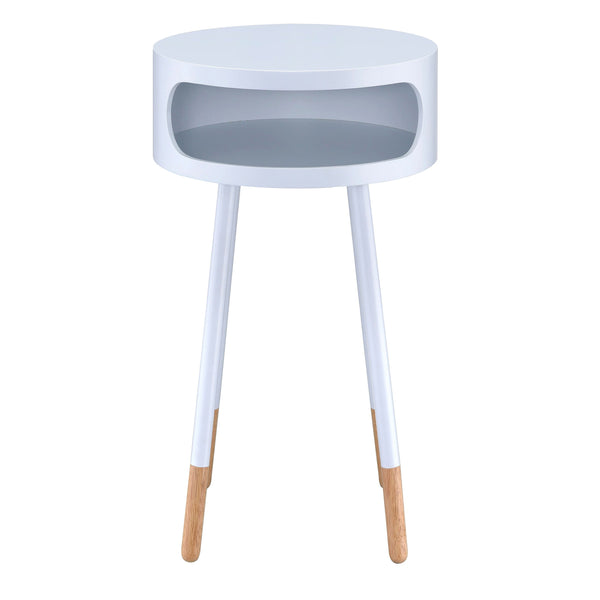 English Elm White Side Table with Two Drawers and Gold-Tapered Legs — Compact Nightstand for Glam Living Spaces White B062P181426