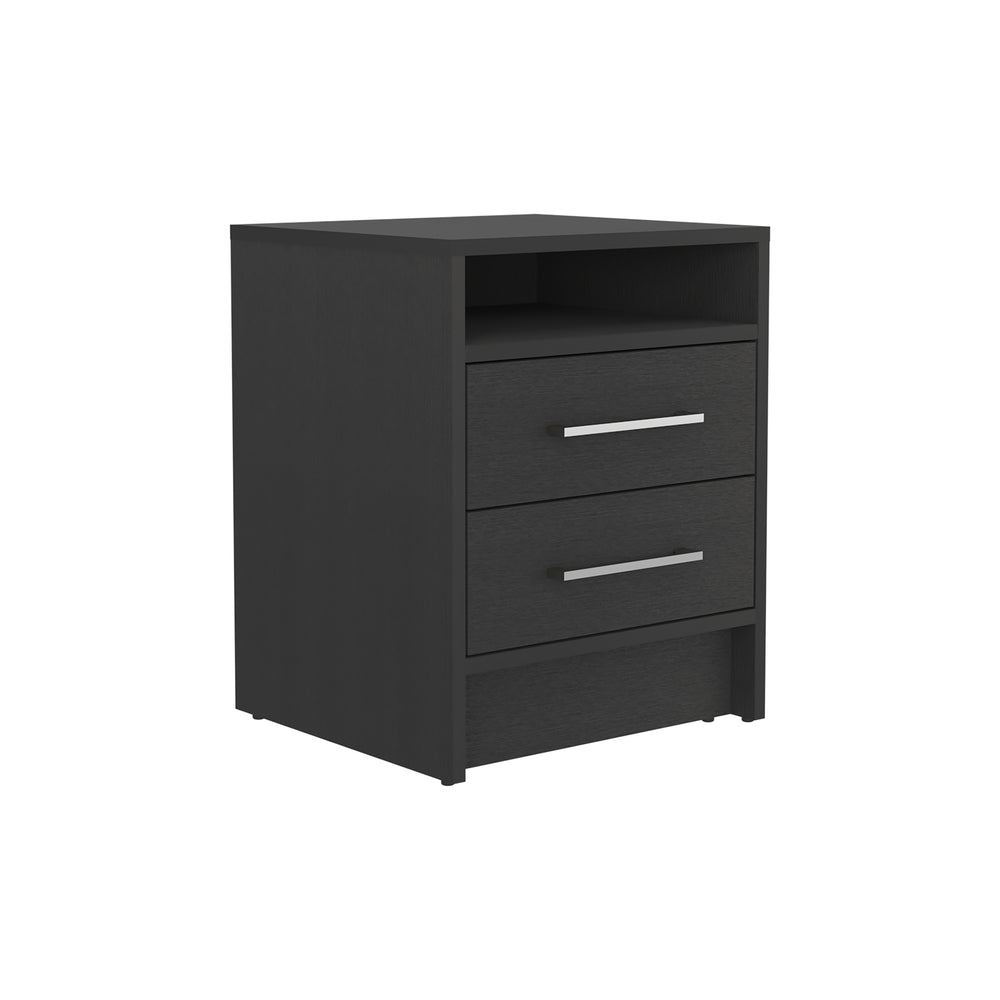 English Elm Nightstand With Two Drawers & Open Shelf - Modern Black Design For Small Spaces & Storage Solutions B097133059