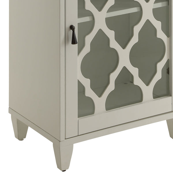 English Elm White Glass Door Side Table with Drawer, Compact White MDF Cabinet on Tapered Wooden Legs for Decor Display and Storage B062P181405