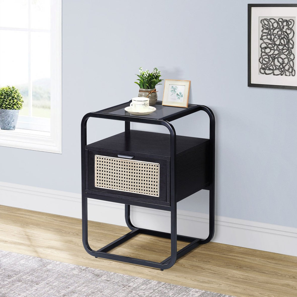 English Elm Black Accent Table with Rattan-Front Drawer, Tempered Glass Top, Smooth Metal Glide, Stylish Storage Elegance B062P181415
