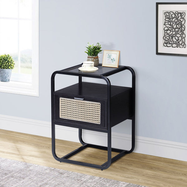 English Elm Black Accent Table with Rattan-Front Drawer, Tempered Glass Top, Smooth Metal Glide, Stylish Storage Elegance B062P181415