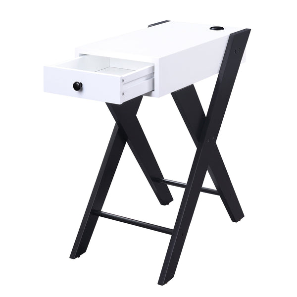 English Elm White Rectangular Side Table with Drawer and Dual USB Ports, X-Leg Accent for Modern Living Rooms White+Black B062P181408