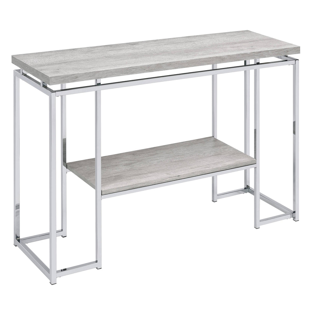 English Elm Natural Oak Chrome Sofa Table with Open Shelf, Industrial Metal Apron Trim, Sleek Modern Console B062P181393