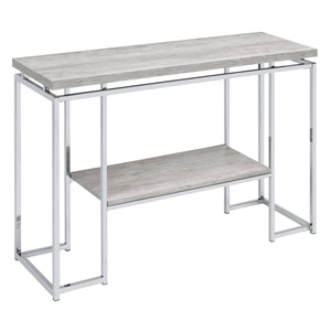 English Elm Natural Oak Chrome Sofa Table with Open Shelf, Industrial Metal Apron Trim, Sleek Modern Console B062P181393