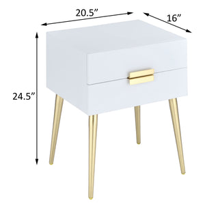 English Elm White Side Table with Two Drawers and Gold-Tapered Legs — Compact Nightstand for Glam Living Spaces White+Gold B062P181392