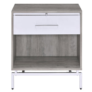 English Elm Weathered Weathered Grey Oak Accent Table with Drawer, Pull-Out Tray & Metal Base for Stylish Storage B062P181407