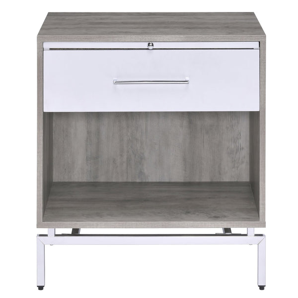 English Elm Weathered Weathered Grey Oak Accent Table with Drawer, Pull-Out Tray & Metal Base for Stylish Storage B062P181407