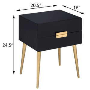 English Elm Black Black and Gold Side Table with 2 Drawer — Compact Glam Nightstand with Gold Tapered Legs, Storage Elegance B062P181391