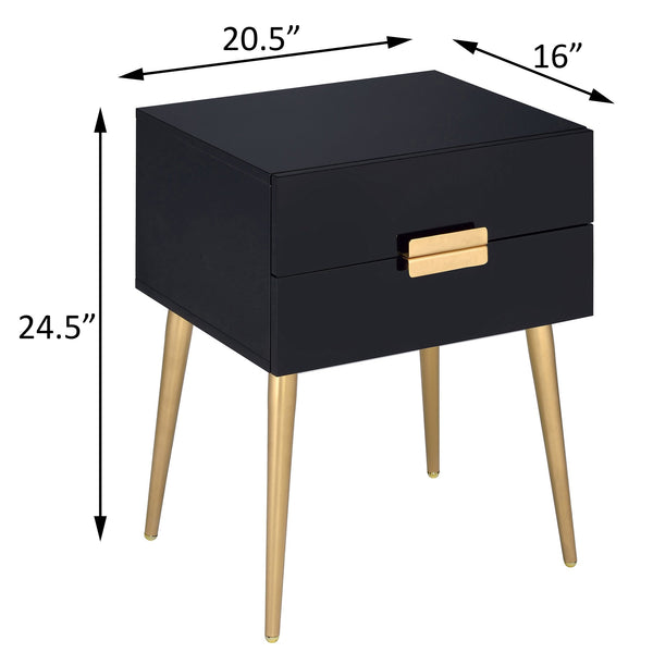 English Elm Black Black and Gold Side Table with 2 Drawer — Compact Glam Nightstand with Gold Tapered Legs, Storage Elegance B062P181391