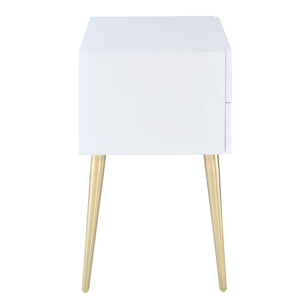 English Elm White Side Table with Two Drawers and Gold-Tapered Legs — Compact Nightstand for Glam Living Spaces White+Gold B062P181392