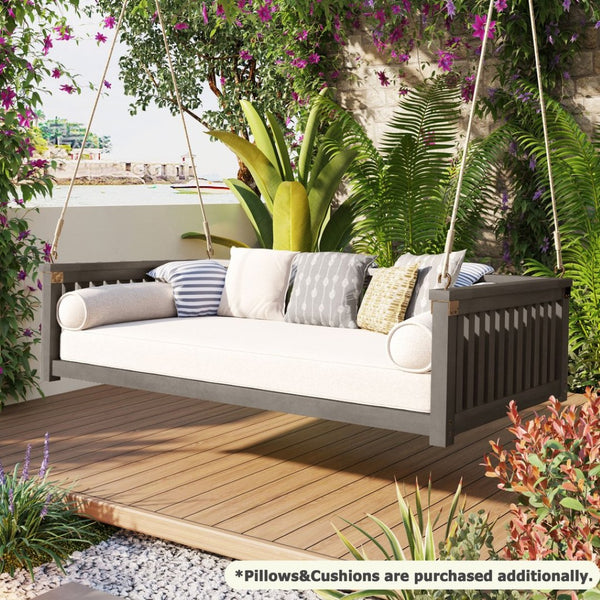 English Elm Topmax Acacia Wood Porch Swing Bed Sloped Frame Outdoor Lounger for Backyard Patio Gray WF319383AAE
