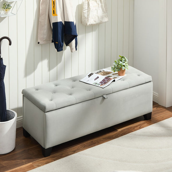 English Elm 1228 Grey Fabric Storage Ottoman with Hinged Lid Foam Seat for Living Room W2082P176550