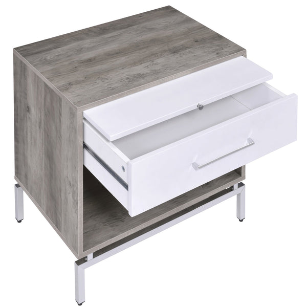 English Elm Weathered Weathered Grey Oak Accent Table with Drawer, Pull-Out Tray & Metal Base for Stylish Storage B062P181407