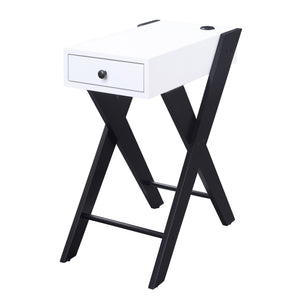 English Elm White Rectangular Side Table with Drawer and Dual USB Ports, X-Leg Accent for Modern Living Rooms White+Black B062P181408