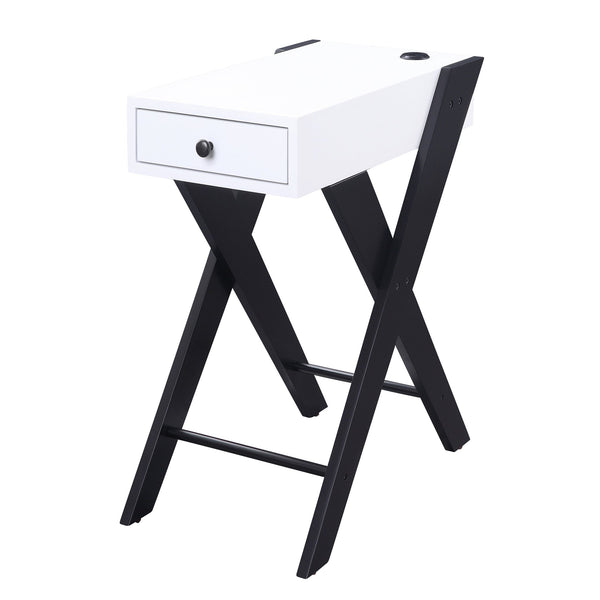 English Elm White Rectangular Side Table with Drawer and Dual USB Ports, X-Leg Accent for Modern Living Rooms White+Black B062P181408