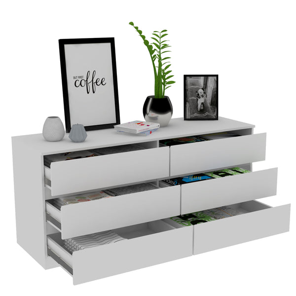 English Elm Asteria 6-Drawer Double Dresser with Smooth Metal Rails, Spacious Top Surface & Modern Storage Appeal White 36 L x 24 W x 6.5 H B070S00005