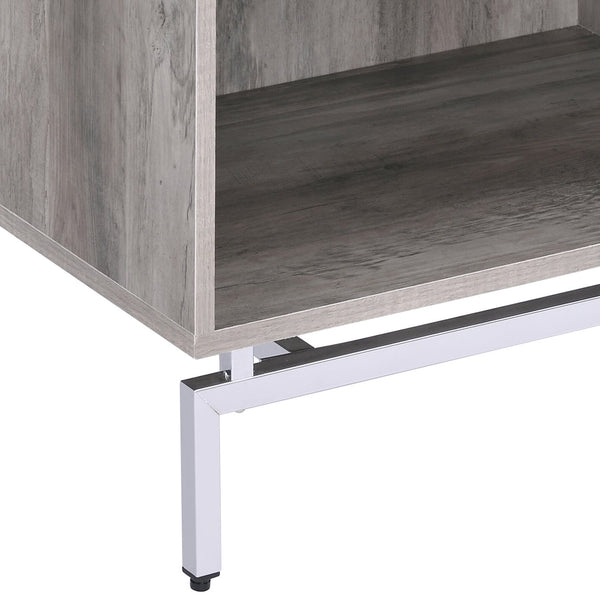 English Elm Weathered Weathered Grey Oak Accent Table with Drawer, Pull-Out Tray & Metal Base for Stylish Storage B062P181407