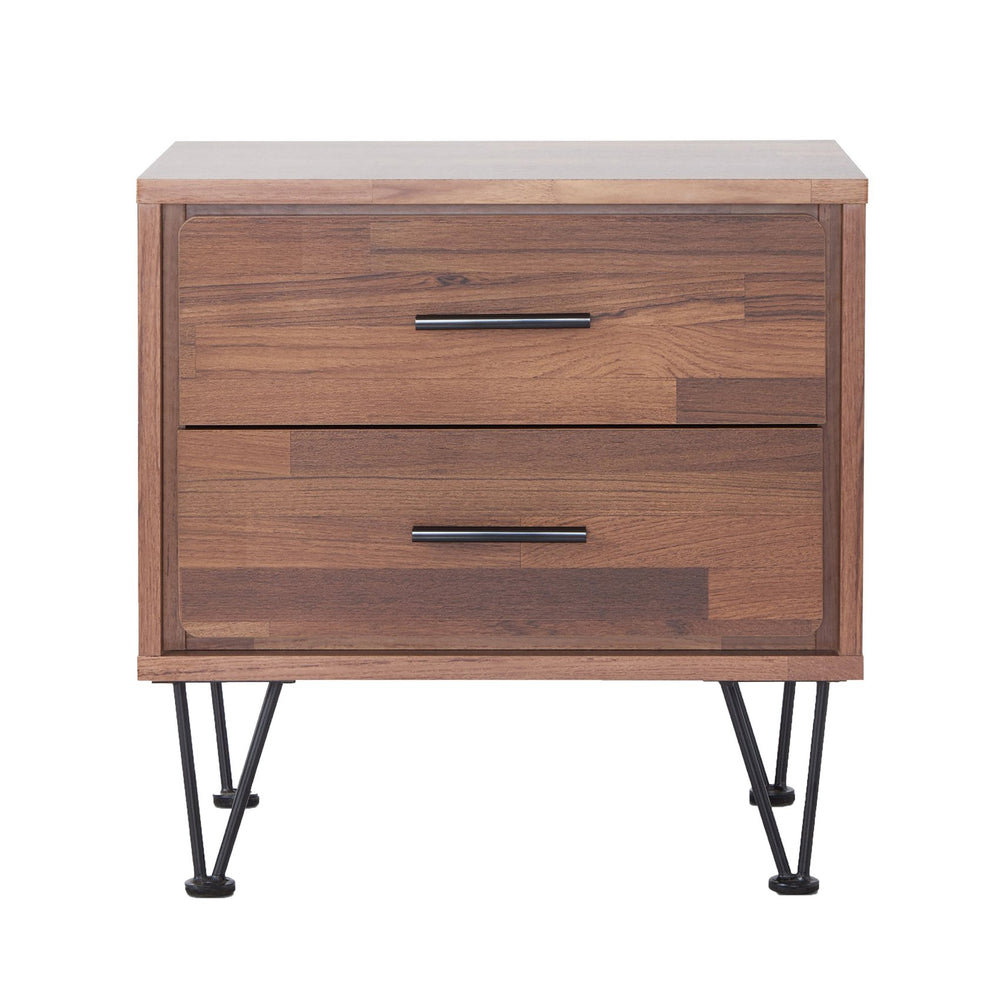 English Elm Walnut Mid-Century Accent Table with 2 Drawers and Hairpin Legs, Stylish Storage for Small Spaces B062P181398