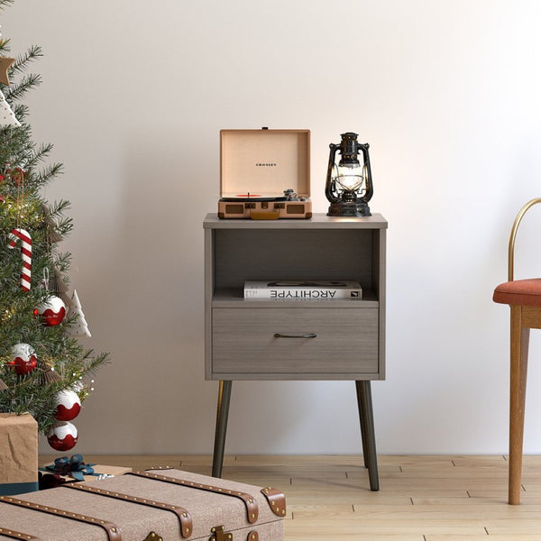 English Elm Two Grey Oak Nightstands with Drawer and Open Shelf for Modern Bedroom Spaces W578108566