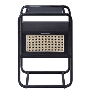 English Elm Black Accent Table with Rattan-Front Drawer, Tempered Glass Top, Smooth Metal Glide, Stylish Storage Elegance B062P181415