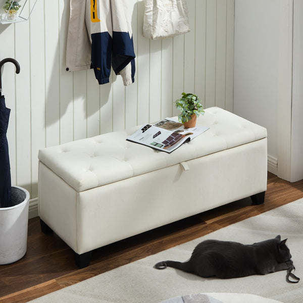 English Elm Fashion Beige Velvet Upholstered Storage Bench with Lift Top for Bedroom or Entryway W2082P176546