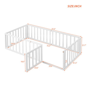 English Elm Twin Floor Bed Frame Pinewood Fence Enclosure with Door for Kids Bedroom Walnut White WF299299AAK