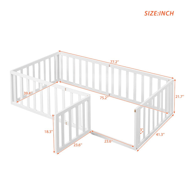 English Elm Twin Floor Bed Frame Pinewood Fence Enclosure with Door for Kids Bedroom Walnut White WF299299AAK