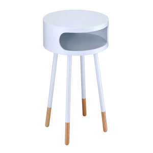 English Elm White Side Table with Two Drawers and Gold-Tapered Legs — Compact Nightstand for Glam Living Spaces White B062P181426