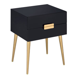 English Elm Black Black and Gold Side Table with 2 Drawer — Compact Glam Nightstand with Gold Tapered Legs, Storage Elegance B062P181391