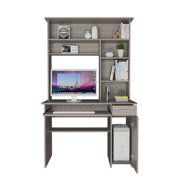 English Elm Compu 180 Hutch Desk With Shelves, Drawer & Keyboard Tray - Efficient Light Gray Workspace Solution B070S00007