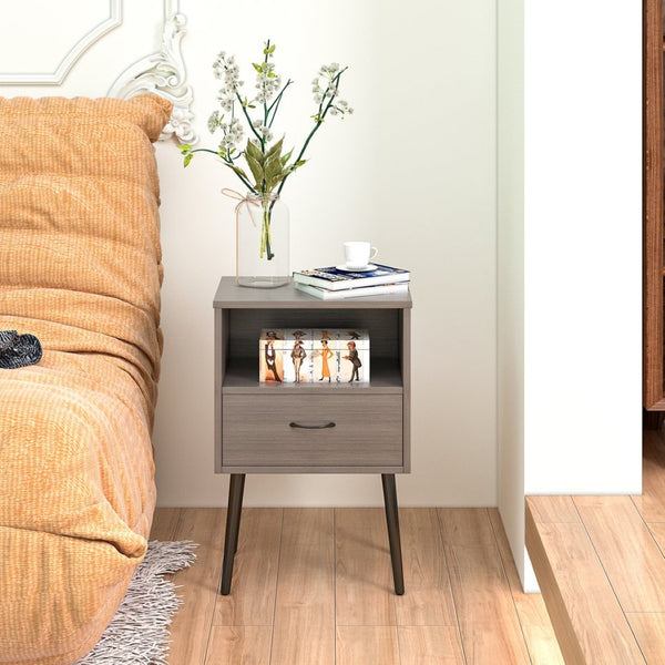 English Elm Two Grey Oak Nightstands with Drawer and Open Shelf for Modern Bedroom Spaces W578108566