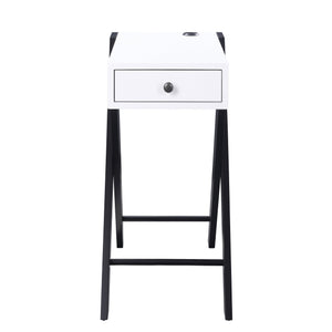 English Elm White Rectangular Side Table with Drawer and Dual USB Ports, X-Leg Accent for Modern Living Rooms White+Black B062P181408