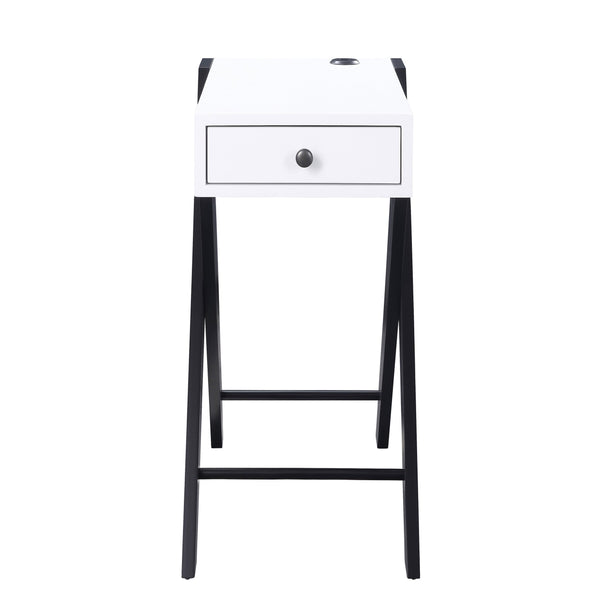English Elm White Rectangular Side Table with Drawer and Dual USB Ports, X-Leg Accent for Modern Living Rooms White+Black B062P181408