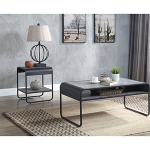 English Elm Concrete Grey and Black Modern End Table with Lower Shelf, Metal Frame, Curved Edges for Bedroom Elegance (21.5"H) B062P181422