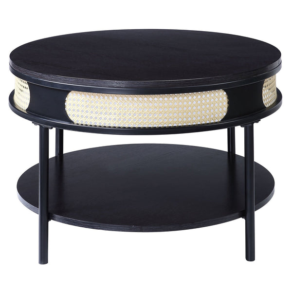 English Elm Black Round Night Table with Rattan Insert, Wooden Top & Metal Legs — Cozy Modern Industrial Bedside Accent B062P181420