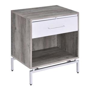 English Elm Weathered Weathered Grey Oak Accent Table with Drawer, Pull-Out Tray & Metal Base for Stylish Storage B062P181407