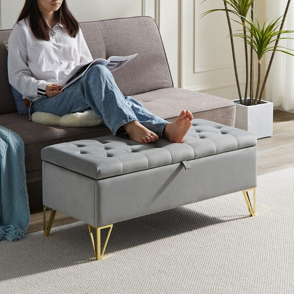 English Elm Fashion Velvet Storage Bench with Gold Steel Legs for Bedroom Entryway Living Room W2082P176563
