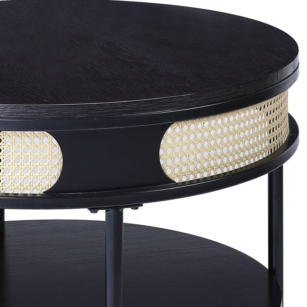 English Elm Black Round Night Table with Rattan Insert, Wooden Top & Metal Legs — Cozy Modern Industrial Bedside Accent B062P181420