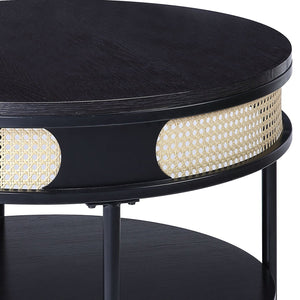 English Elm Black Round Night Table with Rattan Insert, Wooden Top & Metal Legs — Cozy Modern Industrial Bedside Accent B062P181420