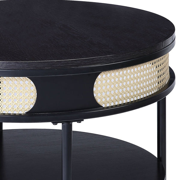 English Elm Black Round Night Table with Rattan Insert, Wooden Top & Metal Legs — Cozy Modern Industrial Bedside Accent B062P181420