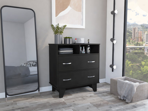 English Elm Portanova Two Drawer Dresser with Open Shelves and Elevated Legs, Compact Superior Top Storage Solution Black 35.8 L x 20.1 W x 3.5 H B070S00069