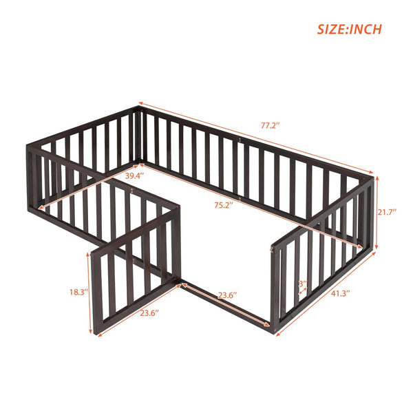 English Elm Twin Floor Bed Frame Pinewood Fence Enclosure with Door for Kids Bedroom Walnut WF299299AAL