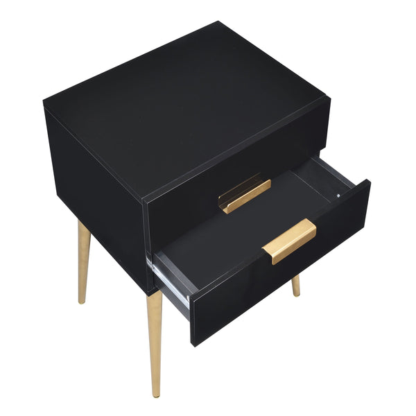 English Elm Black Black and Gold Side Table with 2 Drawer — Compact Glam Nightstand with Gold Tapered Legs, Storage Elegance B062P181391