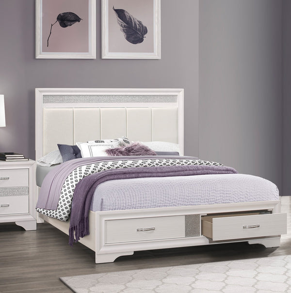 English Elm Modern Glam Queen Platform Bed with Upholstered Silver-Accent Headboard, White Finish, Storage Drawers B011S00891