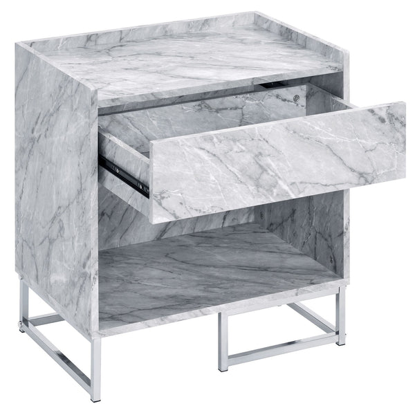 English Elm White Faux Marble Chrome Accent Table with Drawer & Shelf, 25.5"H Modern Storage Nightstand B062P181410