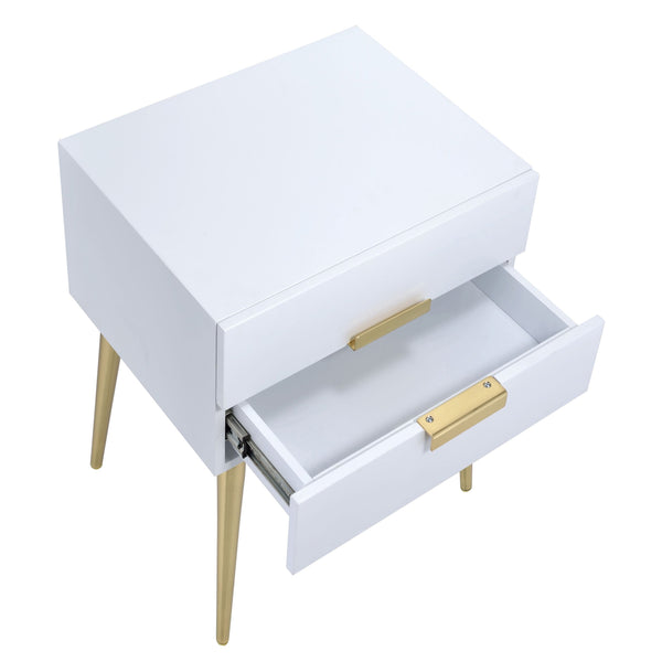 English Elm White Side Table with Two Drawers and Gold-Tapered Legs — Compact Nightstand for Glam Living Spaces White+Gold B062P181392