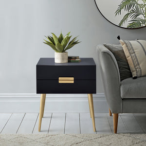 English Elm Black Black and Gold Side Table with 2 Drawer — Compact Glam Nightstand with Gold Tapered Legs, Storage Elegance B062P181391