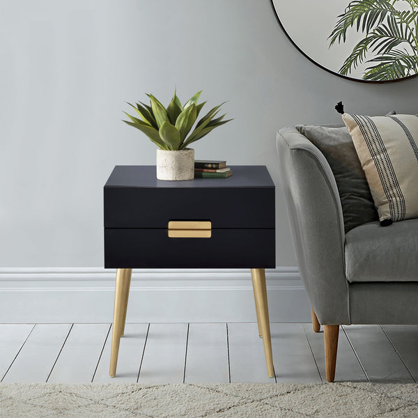 English Elm Black Black and Gold Side Table with 2 Drawer — Compact Glam Nightstand with Gold Tapered Legs, Storage Elegance B062P181391