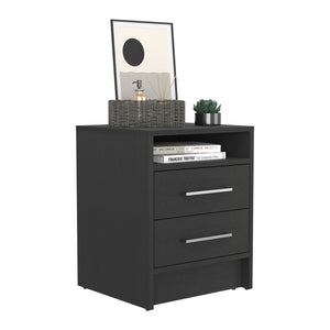 English Elm Nightstand With Two Drawers & Open Shelf - Modern Black Design For Small Spaces & Storage Solutions B097133059
