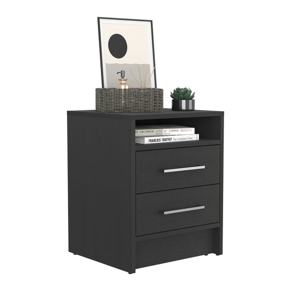 English Elm Nightstand With Two Drawers & Open Shelf - Modern Black Design For Small Spaces & Storage Solutions B097133059